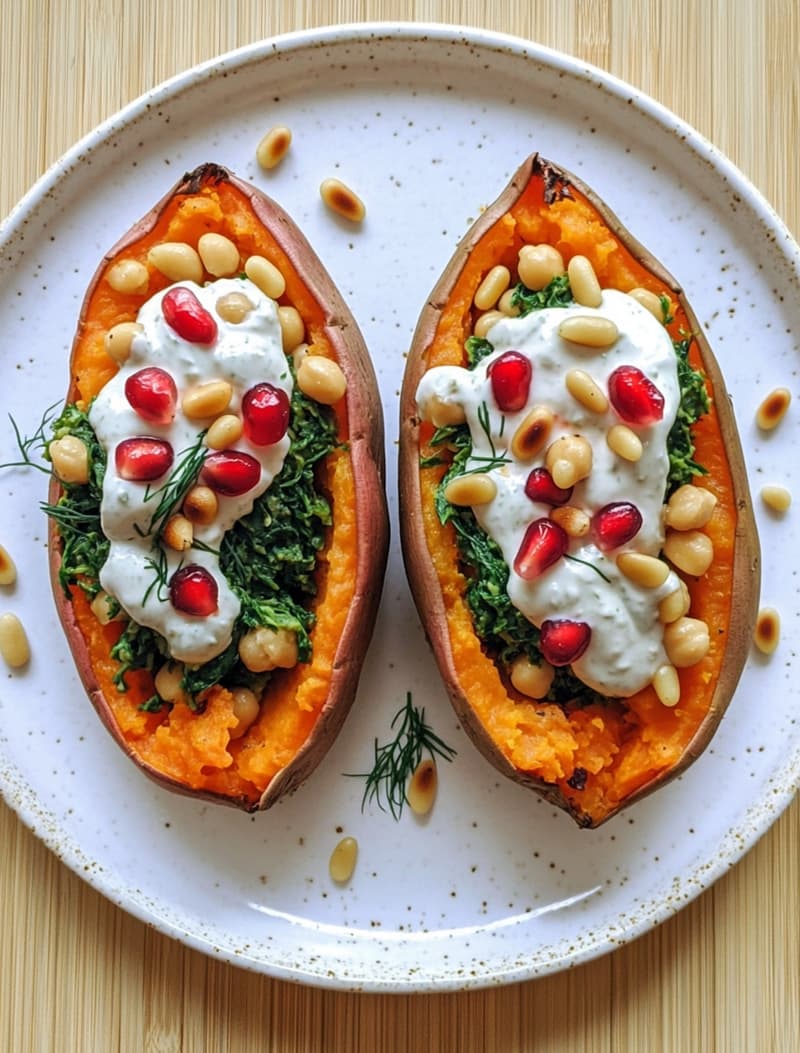 Loaded Sweet Potatoes with Chickpea Tahini Smash & Pomegranate