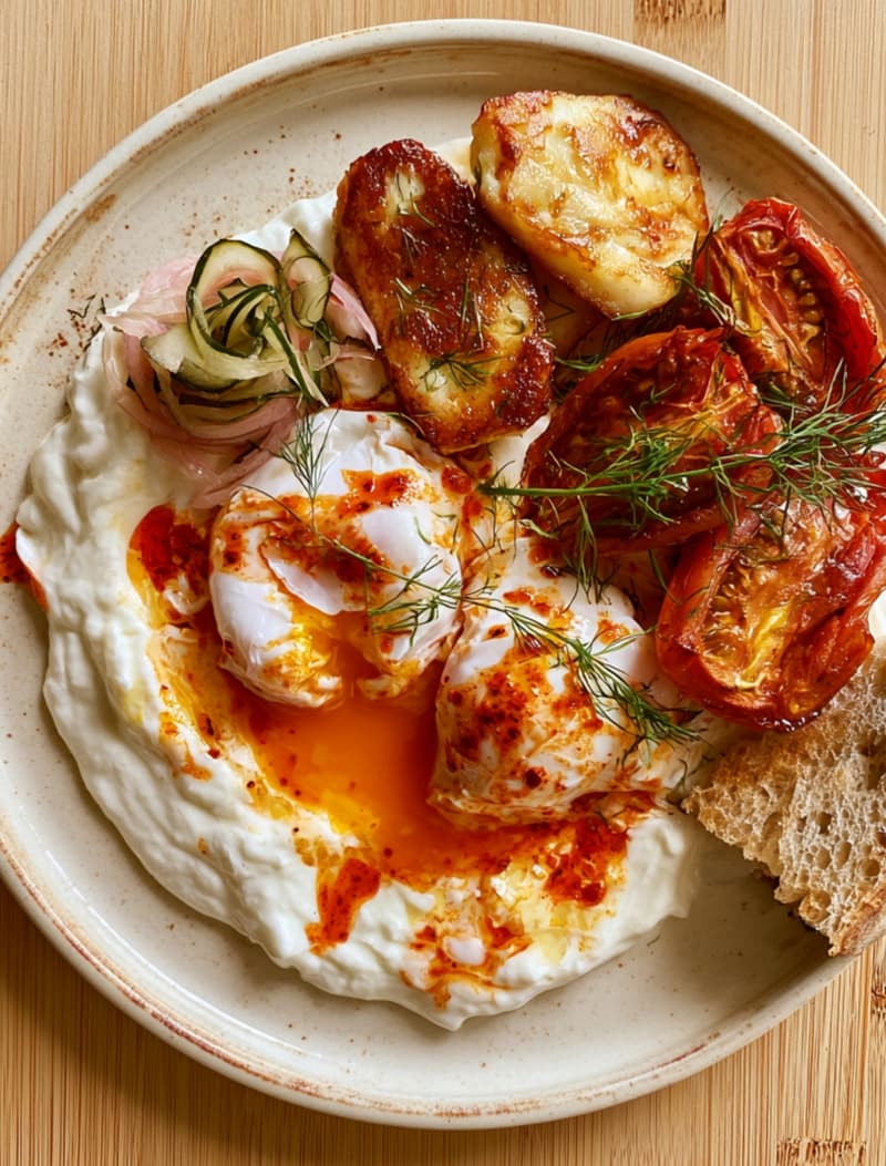 Spiced Yoghurt Eggs with Halloumi & Charred Tomatoes