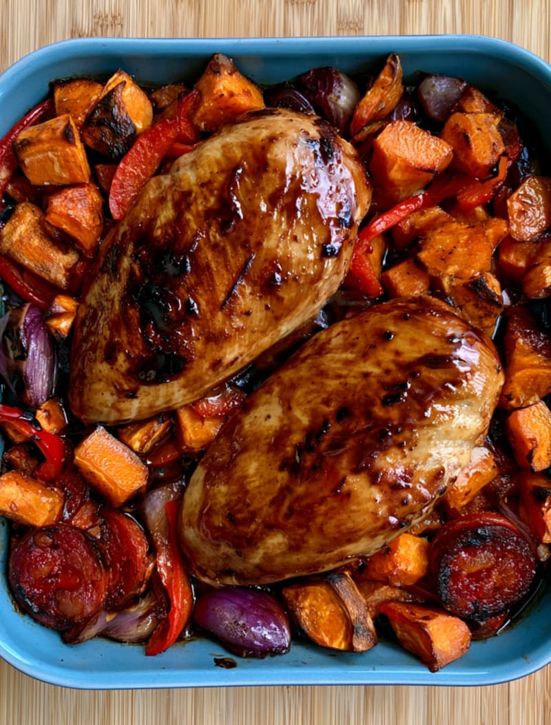 Sweet & Sticky Chicken and Chorizo Traybake