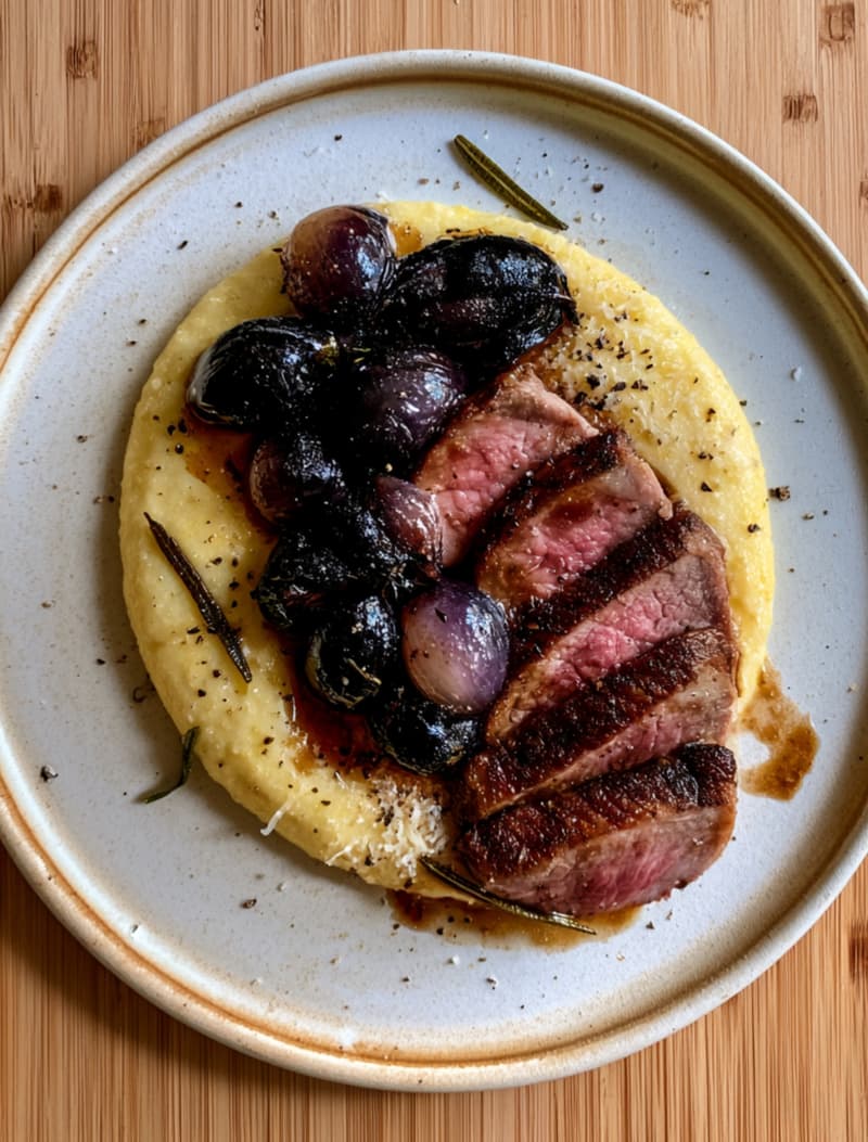 Rosemary Veal with Creamy Polenta & Balsamic Baby Onions