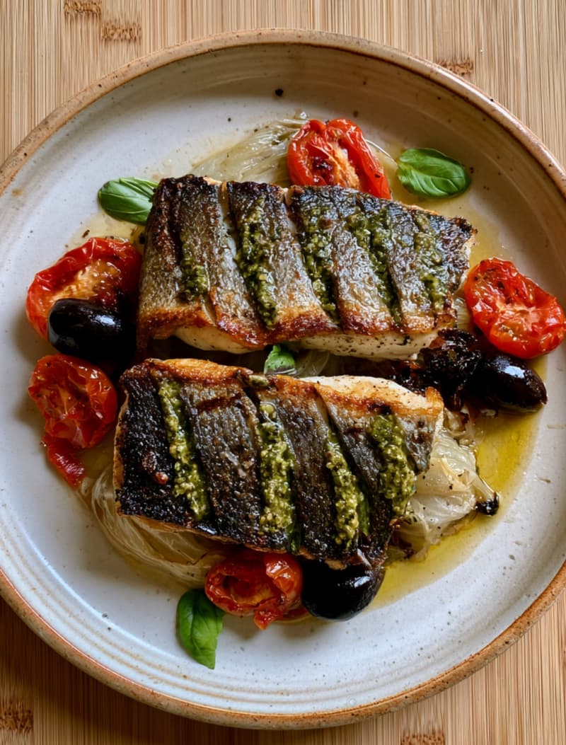Pesto Sea Bass with Cherry Tomatoes & Olives
