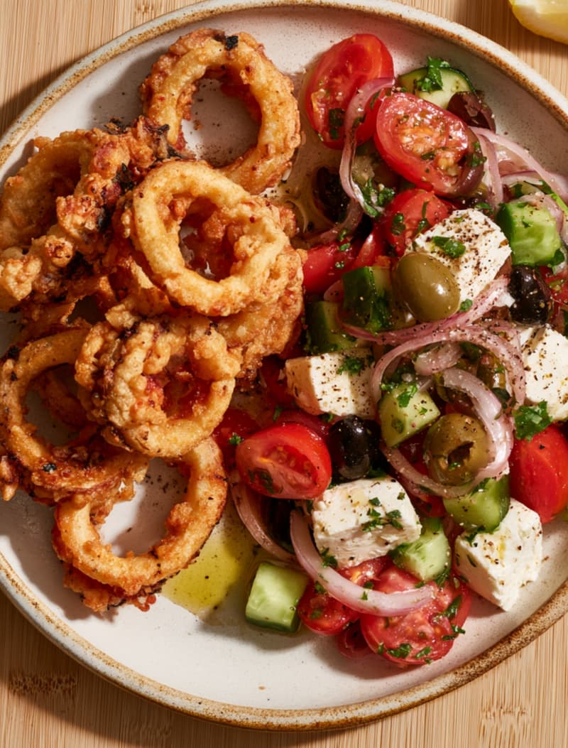 Golden Calamari with Greek Village Salad