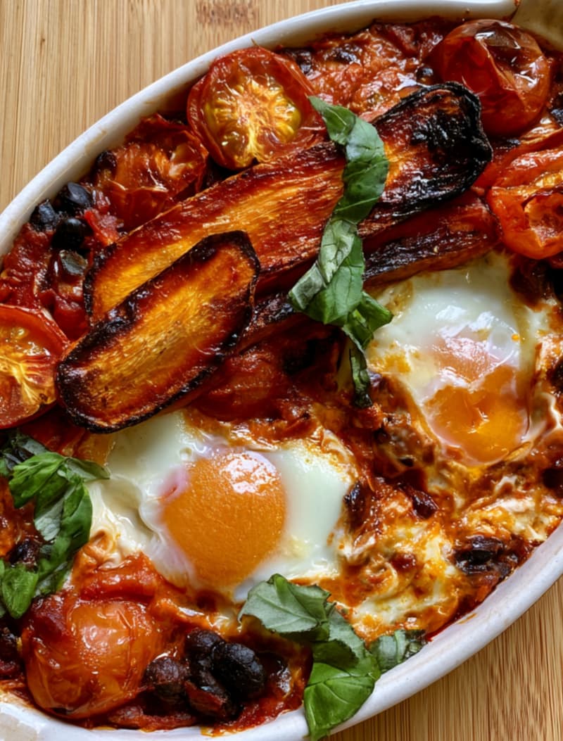 Roasted Carrot Shakshuka with Black Beans & Basil