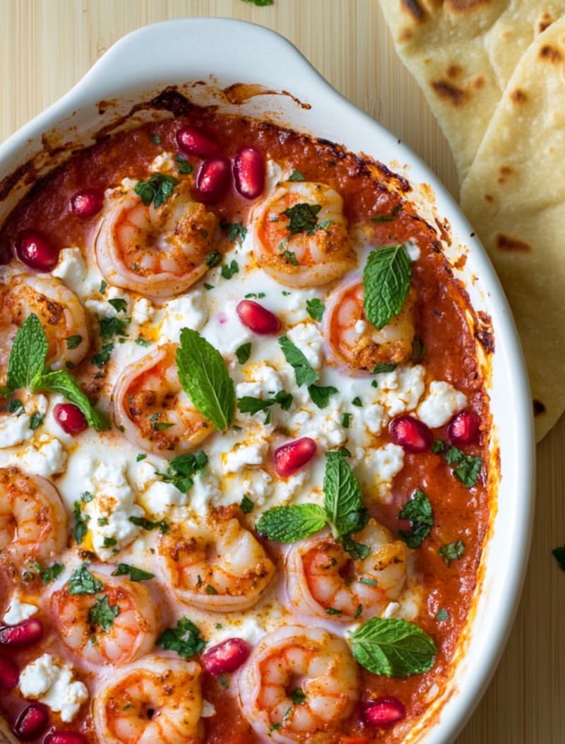 Air-Fried Prawns with Feta & Pomegranate