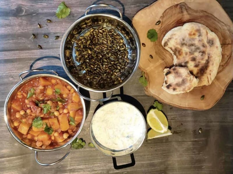 Masala Veggie Curry with Spiced Pumpkin Seeds and Mint Riata