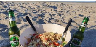 feta orzo salad on the beach