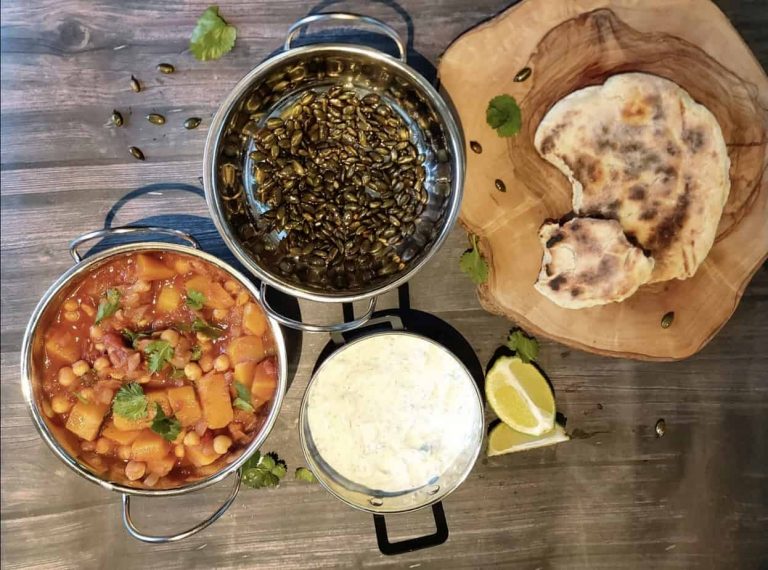 Masala Veggie Curry with Spiced Pumpkin Seeds and Mint Riata