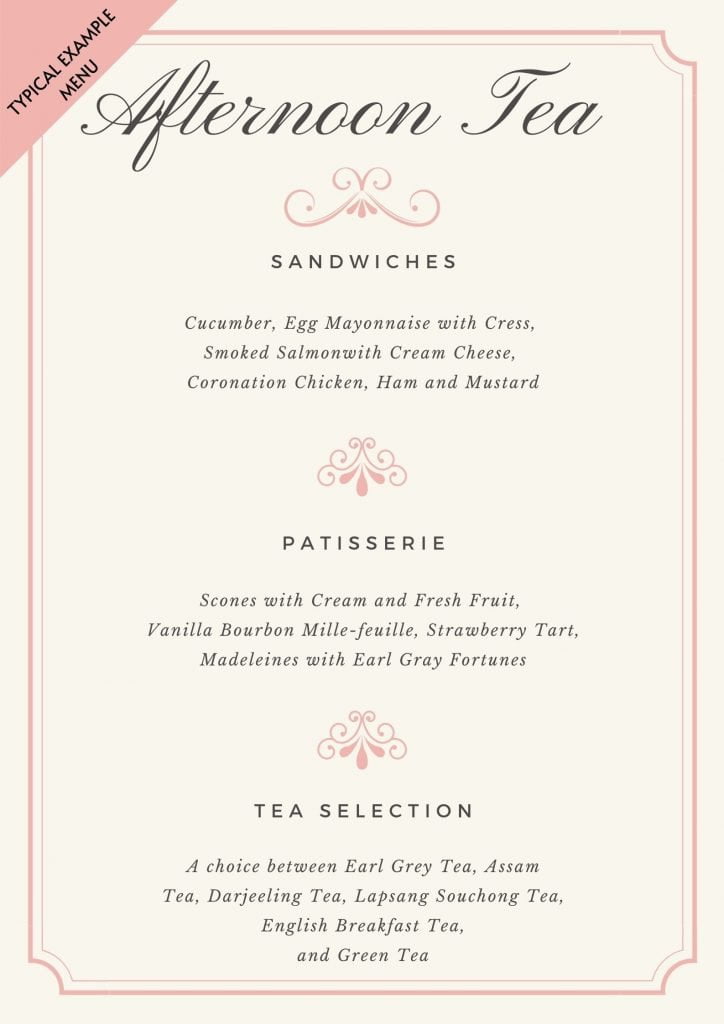 Traditional afternoon tea menu set on a pink background