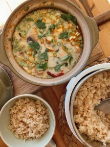 Campervan recipe tom kha soup served with jasmine rice