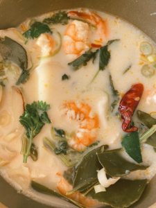 Close up of tom kha soup vanlife recipe