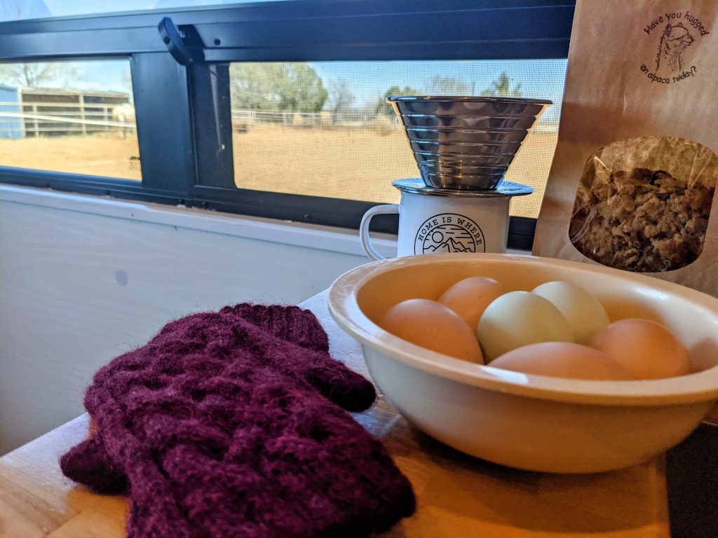 Bowl of eggs on the side in a campervan kitchen