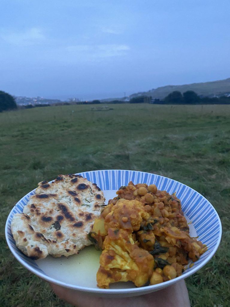 Cauliflower and spinach dahl with homemade naan bread