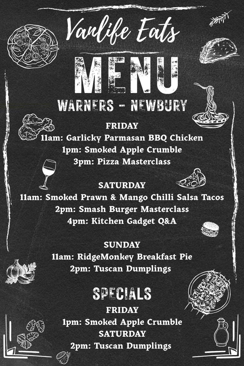 Vanlife Eats newbury menu for cooking demos