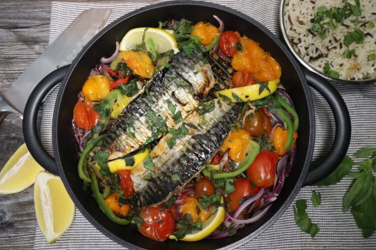 Skillet of Mackerel with Spicy Tomato Salad